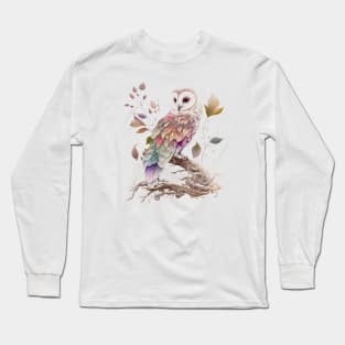 Watercolor Owl in Nature, Floral Design Long Sleeve T-Shirt
